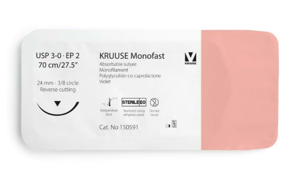 150591 01 1 KRUUSE Monofast Suture, USP 3-0/EP 2, 70 cm/27.5", violet, 24 mm needle, 3/8 circle, reverse cutting, 12/pk