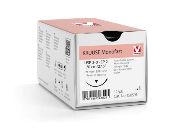 150591 02 1 KRUUSE Monofast Suture, USP 3-0/EP 2, 70 cm/27.5", violet, 24 mm needle, 3/8 circle, reverse cutting, 12/pk