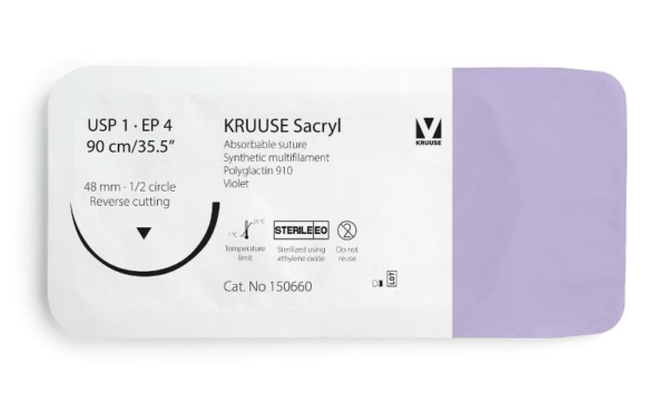 150660 01 1 KRUUSE Sacryl Suture, USP 1/EP 4, 90 cm/35.5", violet, 48 mm needle, 1/2 circle, reverse cutting, 12/pk