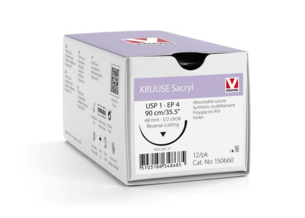 150660 02 1 KRUUSE Sacryl Suture, USP 1/EP 4, 90 cm/35.5", violet, 48 mm needle, 1/2 circle, reverse cutting, 12/pk