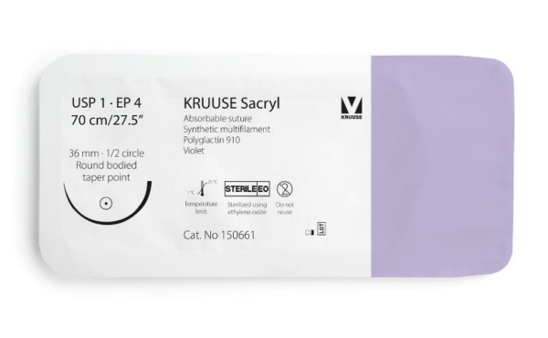 150661 01 KRUUSE Sacryl Suture, USP 1/EP 4, 70 cm/27.5", violet, 36 mm needle, 1/2 circle, round bodied, taper point, 12/pk