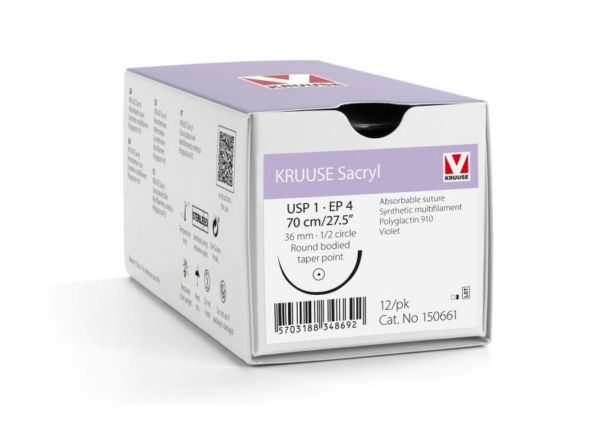 150661 02 KRUUSE Sacryl Suture, USP 1/EP 4, 70 cm/27.5", violet, 36 mm needle, 1/2 circle, round bodied, taper point, 12/pk
