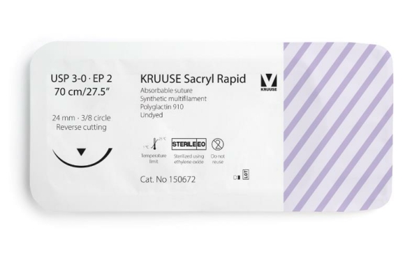 150672 01 KRUUSE Sacryl Rapid Suture, USP 3-0/EP 2, 70 cm/27.5", undyed, 24 mm needle, 3/8 circle, reverse cutting, 12/pk