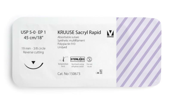 150673 01 KRUUSE Sacryl Rapid Suture, USP 5-0/EP 1, 45 cm/18", undyed, 19 mm needle, 3/8 circle, reverse cutting, 12/pk
