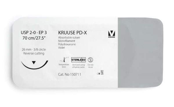 150711 01 KRUUSE PD-X Suture, USP 2-0/EP 3, 70 cm/27.5", violet, 26 mm needle, 3/8 circle, reverse cutting, 12/pk