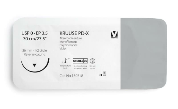 150718 01 KRUUSE PD-X Suture, USP 0/EP 3.5, 70 cm/27.5", violet, 36 mm needle, 1/2 circle, reverse cutting, 12/pk