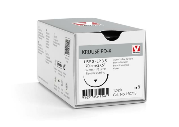 150718 02 KRUUSE PD-X Suture, USP 0/EP 3.5, 70 cm/27.5", violet, 36 mm needle, 1/2 circle, reverse cutting, 12/pk