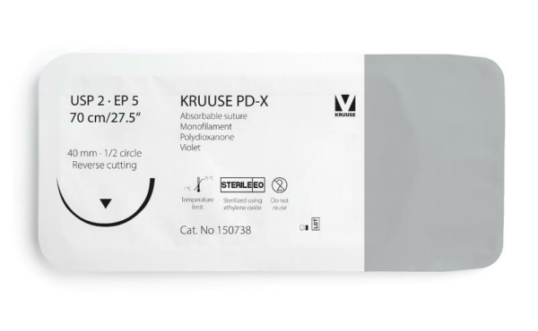 150738 01 1 KRUUSE PD-X Suture, USP 2/EP 5, 70 cm/27.5", violet, 40 mm needle, 1/2 circle, reverse cutting, 12/pk