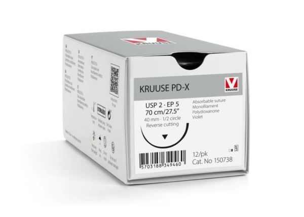 150738 02 1 KRUUSE PD-X Suture, USP 2/EP 5, 70 cm/27.5", violet, 40 mm needle, 1/2 circle, reverse cutting, 12/pk